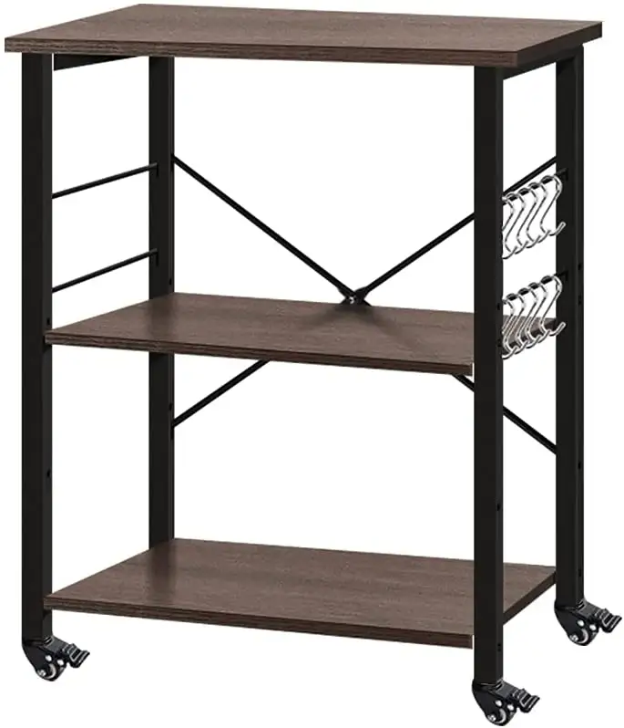 kitchen microwave cart,3-tiers kitchen utility cart and rolling bakers rack with hooks for kitchen room