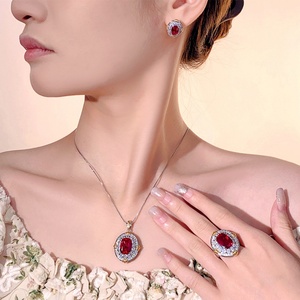 High Quality Eco-friendly Copper Bridal Jewellery Set Red Square Gem Elegant Wedding Party Pendant Earrings Set - Product Image 3