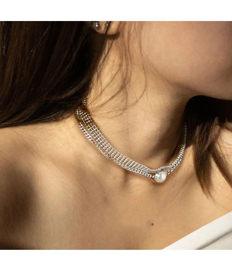 New Double Layer Vòng cổ ngọc trai thời trang xương đòn chuỗi thủy tinh kim cương phụ nữ vòng cổ