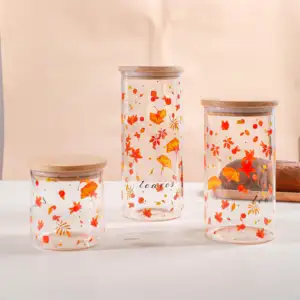 玻璃储物罐一套玻璃储物玻璃罐，带密封竹盖，用于面食面粉茶糖等
