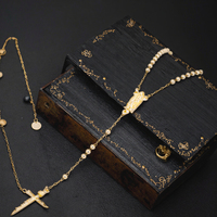 Tianmao St Benedict Collier Chapelet Long Religieux en Laiton Plaqué Or avec Croix Vierge Marie, Perles Unisexe, Chaînes Catholiques, Tendance