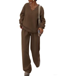 Ensemble de survêtement décontracté en maille pour femme FOXA, col en V, pantalon large, tenue d'automne respirante à manches longues - Product Image 1
