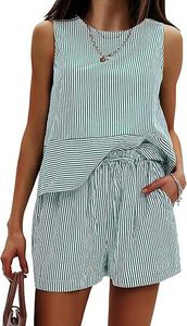 Conjunto de Pantalones y Camiseta Corta a Rayas para Mujer, Marca Privada, Cuello Redondo, Sin Mangas, Transpirable, Estilo Casual de Verano - Product Image 5