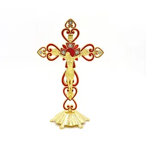 20cm Höhe Metall Gold Kreuz Stehende Jesus Statue Katholische Kruzifixe mit Geschenk box für Büro & Heim dekoration