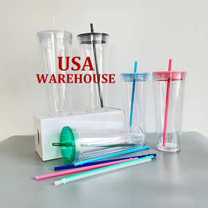 US warehouse predrilled blank 24oz snow globe cold cups clear acrylic vinyl double walled plastic cups with Lids and Straws