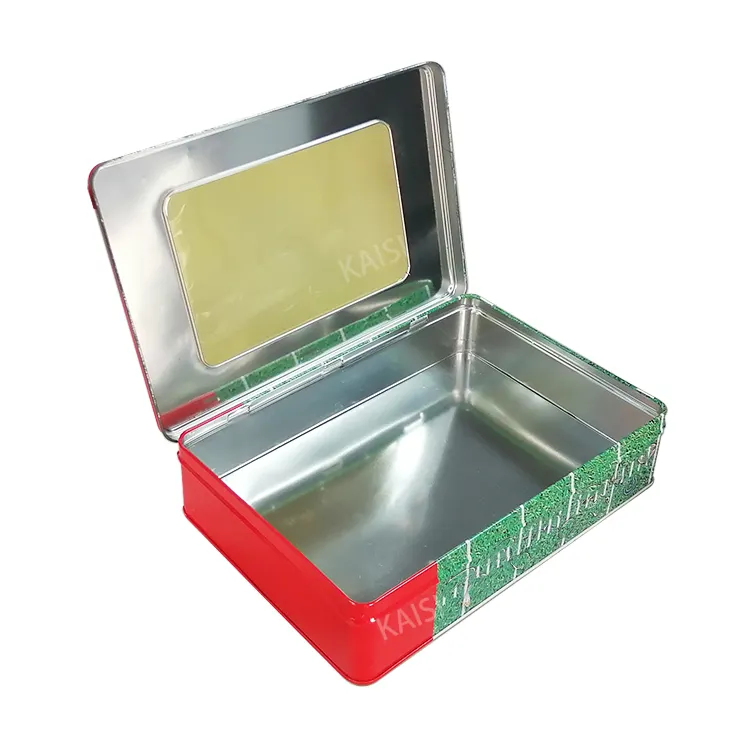 थोक अनुकूलित पीवीसी स्पष्ट खिड़की Lids के साथ आयताकार सोने Tins धातु खाली कुकीज़ बिस्कुट कैंडी के लिए टिन बॉक्स पैकेजिंग