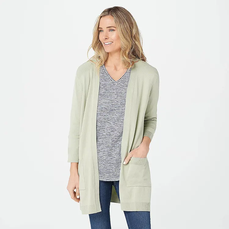 Wholesale custom spring ladies rayon 3/4 sleeve knit cardigan sweater women's light green knitted long cardigan with pocket