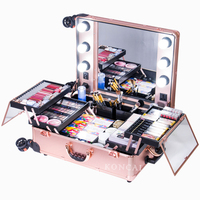 Valise de Maquillage Professionnelle Géométrique Grande Taille à Roulettes avec Lumières LED et Couvercle, Construction en Aluminium Durable – Nouveauté Tendance