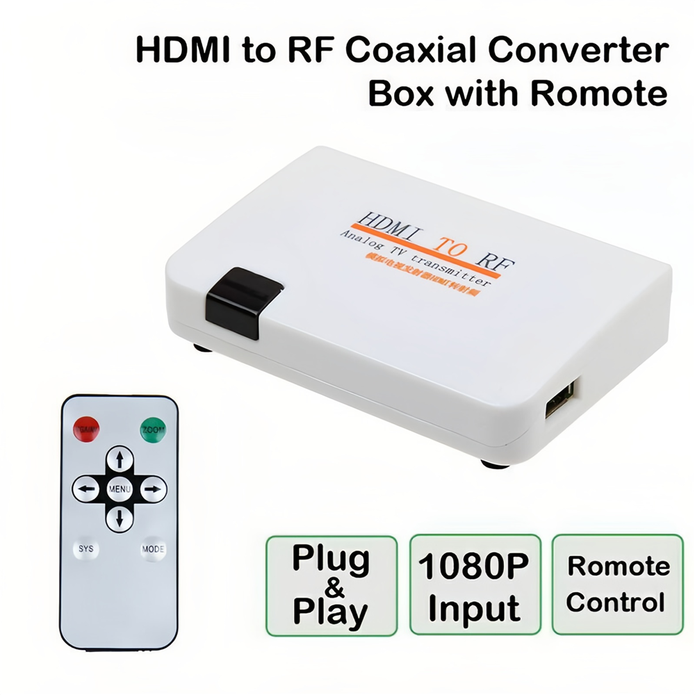 HDMI naar RF-converter, signaal naar bedraad signaal 1080P HDMI RF-modulator coax-converter, mini HD digitale video-audiosynchronisatiekabeldoosconverter met afstandsbediening, voor tv-kabel(EU