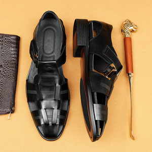 Sandalias de cuero genuino con tiras cruzadas, punta cuadrada, transpirables, zapatos de verano para hombre - Product Image 2