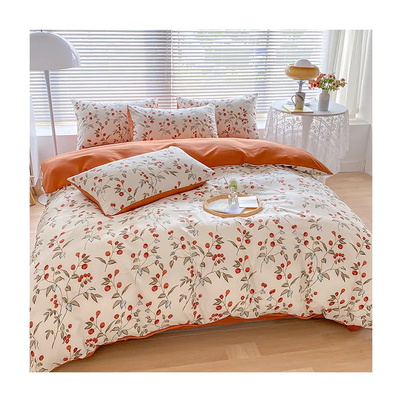 Colcha de cama com estampa reativa hipoalergênica floral, 4 peças, colcha, colcha, lençóis, lençóis, lençóis, conjuntos de capa de edredom