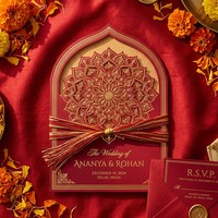 Juego de Tarjetas de Invitación de Boda con Mandala en Papel Dorado |   Fabricante al por Mayor de Hilo de Seda Tradicional Indio Cortado con Láser
