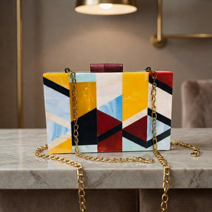 Bolso de Mano de Resina Acrílica Colorida con Patrón Geométrico Pintado a Mano, Cadena Dorada, Multicolor, a Rayas, para Mujer, para Fiestas, Bodas y Eventos Festivos - Product Image 1