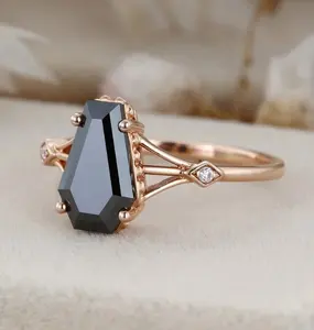 14K Solid Gold Custom Jewelry 14K Solid Gold Fine Coffin Cut Natural Black Onyx Moissanite Accent Engagement Ring