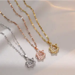 New Zircon Hexagram Beating Heart Necklace Jewelry Accessories Stainless Steel Collarbone Chain Star Of David Pendant Necklace