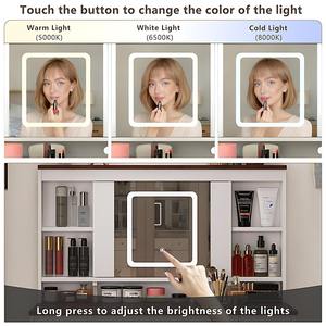 <span class=keywords><strong>Espejo</strong></span> de Tocador Moderno <span class=keywords><strong>con</strong></span> <span class=keywords><strong>Luces</strong></span> LED Ajustables, 5 Cajones, Regleta Integrada, Taburete Cómodo <span class=keywords><strong>y</strong></span> <span class=keywords><strong>Espejo</strong></span> Deslizante para Maquillaje - Product Image 3