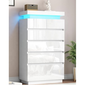 Tocador de 6 cajones de alto brillo moderno blanco contemporáneo con luces LED Gabinete de madera para dormitorio Sala de estar Muebles para el hogar - Product Image 1