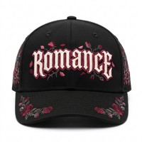 Casquette de baseball personnalisée en sergé de coton noir de haute qualité avec broderie de lettres gothiques et motif floral rose – Vente en gros OEM ODM