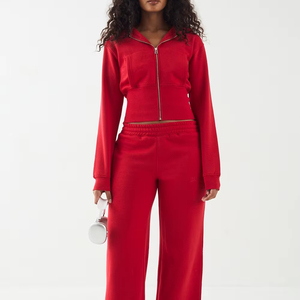 High Quality Women Sportswear Heavy Weight Red Cotton Zip up Cropped Embroidery Hoodie Set Casual <strong>Style</strong> <strong>Tracksuit</strong> - Product Image 2