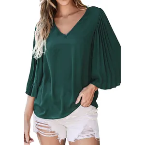 Green Pleated Bell Sleeve Fashionable Elegant Young Woman Clothes Blouses