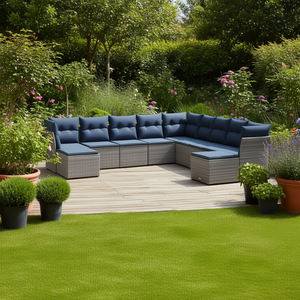 Ensemble de canapés de patio en polyrotin gris, 9 pièces avec coussins, meubles de jardin d'extérieur, design contemporain - Product Image 2