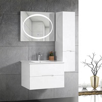 Ensemble de meubles de salle de bain flottants vintage en PVC blanc, personnalisé, classique, économique, en gros, avec armoire miroir et armoire latérale haute