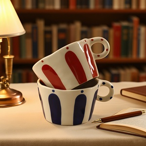 Taza de Cerámica Personalizable con Diseño Retro de Bloques de Color y Rayas, Taza de Café Irregular Hecha <span class=keywords><strong>a</strong></span> Mano, Estilo INS, Taza para Desayuno - Product Image 2