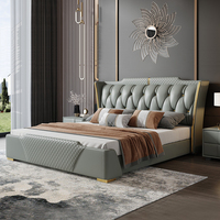 Cadre de lit double Ensemble de lit king de luxe en cuir synthétique rembourré Cadre de lit moderne en bois massif pour meubles de chambre à coucher modernes