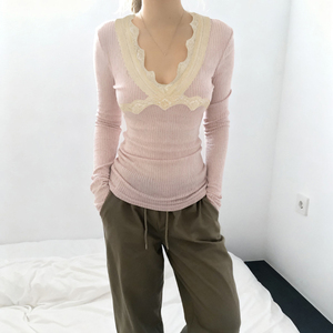 Blusa de Mujer con Cuello en V, Encaje, Ajustada, Tejida, Transpirable, Manga Larga, Estilo Y2K - Product Image 4