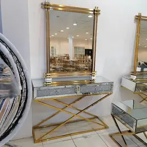 Saudi Arabia Hot Sale Silver Gold Stainless Steel Mirrored Console tables with Wall Mirror Set Living Room Furniture Tv Stand