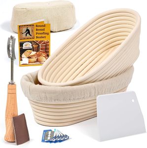 Huangtu cestino per la lievitazione del pane ovale da 10 pollici con fodera <span class=keywords><strong>in</strong></span> <span class=keywords><strong>tessuto</strong></span> Banneton fabbricazione ciotola per la cottura del pane Set di 2 con accessori - Product Image 1
