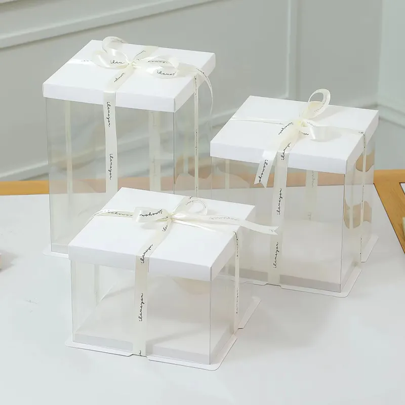 Neues Design durchsichtige transparente Verpackung PET-Quadratische Dessert-Verpackungsbox mit weißen Bändern Hochzeit kundenspezifische Kuchenboxen für Gast