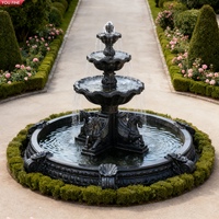 YOUFINE Fontaine Pégase à trois niveaux en marbre noir sculpté à la main, statues de chevaux ailés pour l'aménagement paysager des cours de châteaux
