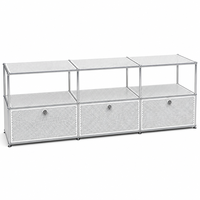 Konsol Media Modular Kontemporer Putih, Rak TV Logam Berlubang, Panel Pegboard, Bingkai Krom, Ruang Tamu, Baja Ramah Lingkungan