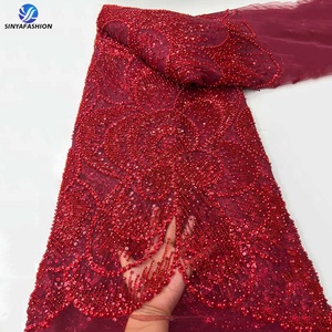 Dentelle Sinya de luxe en maille à sequins et perles, 5 yards, dernière collection, tissu en tulle français brodé perlé, <span class=keywords><strong>bordeaux</strong></span>, pour mariage et fête - Product Image 1