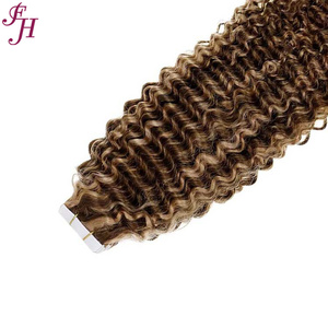 FH P4/27 Kinky Curly Remy Tape en extensiones de cabello humano con cabello natural suave y extremos doblemente dibujados - Product Image 4