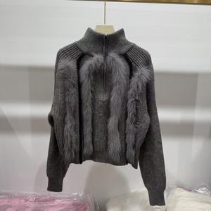 Maglione <span class=keywords><strong>con</strong></span> colletto alto di lusso <span class=keywords><strong>con</strong></span> finiture in vera <span class=keywords><strong>pelliccia</strong></span> di volpe Dec <span class=keywords><strong>Cardigan</strong></span> lavorato a maglia di colore personalizzato da donna <span class=keywords><strong>con</strong></span> cerniera - Product Image 1