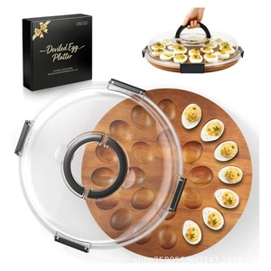 Plateau à œufs au fromage en bois d'acacia naturel avec couvercle, 18 compartiments, plateau rond pour service de fête - Product Image 1