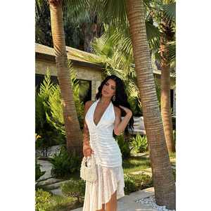 Robe décontractée élégante blanche Carlina avec col carré, dentelle transparente et fermetures éclair, vêtements d'été ODM pour événements chics, taille XS - Product Image 2