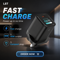Cargador GaN de 45W con Pantalla y Enchufe para Reino Unido y UE, Certificado ETL CE FCC SAA, Carga Rápida para 17 Dispositivos