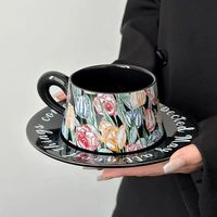 Ensemble tasse et soucoupe en céramique de luxe style français, motif tulipe noire et blanche, 260 ml, pour café et thé, idéal pour femme - Nouvelle collection en promotion