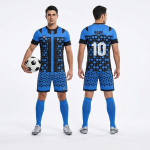 Conjunto de Uniforme de Fútbol para Hombre, Azul con Patrón de Puntos Negros, Manga Corta, Cuello Redondo, Transpirable, Ajuste Atlético, para Todas las Temporadas, Impresión Sublimada - Product Image 1