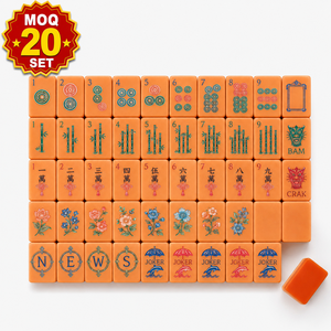 Classic Mahjong Tiles Set Orange Plastic Portable Game for 4 Players with Floral Mat and Storage Bag - Product Image 1