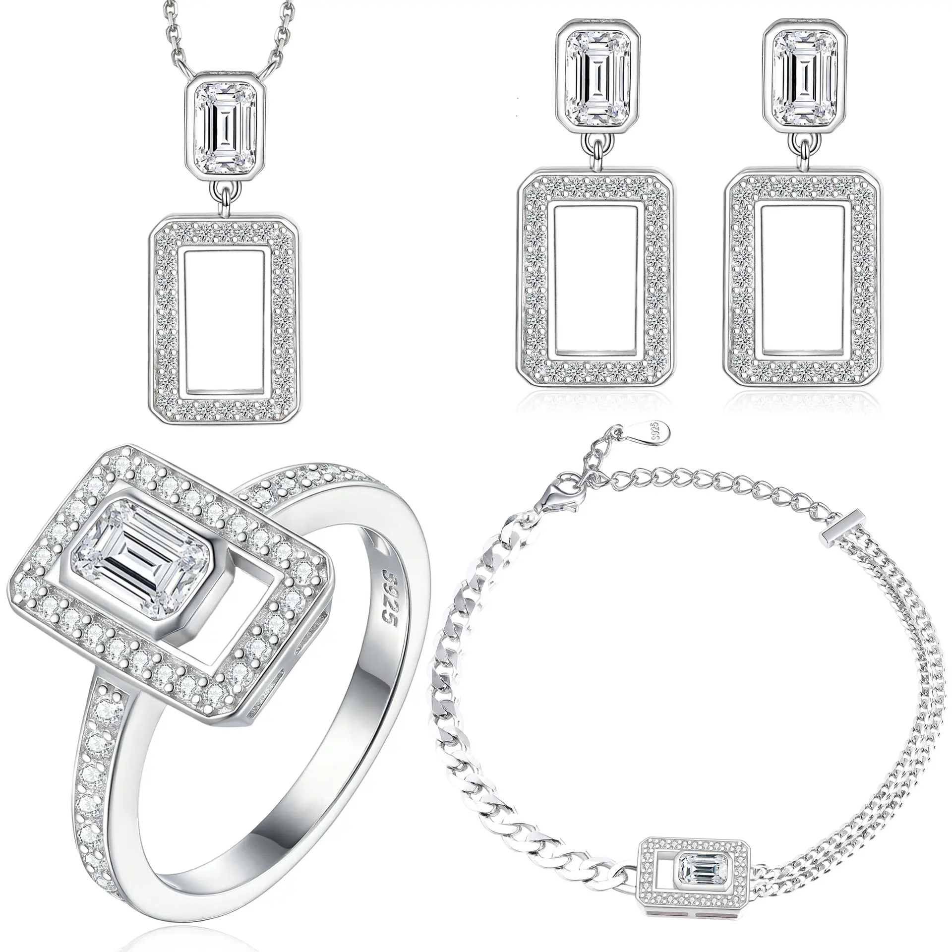 Europa Mode Luxe Puur 925 Sterling Geometrische Vierkante Zirkoon Oorbellen Ring Armband Ketting Sieraden Sets Voor Vrouwen Meisjes