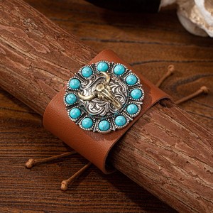 Brazalete de Aleación de Cobre Genuino con Turquesa, Estilo Vaquero Occidental Vintage, Cadena Ajustable Deslizante, Joyería Unisex para Fiestas - Product Image 3