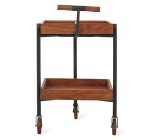 Rustikaler 2-stöckiger Servierwagen aus Akazienholz, klassischer Küchenwagen mit unterteilter Oberseite und Holzgriff - Product Image 4