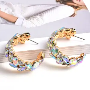 Wholesale metal alloy clear colorful rhinestone c shape gold hoop earring