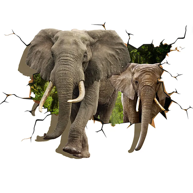 Custom printing 3D PVC Wall Paper Designs Elephant Animal Wall Sticker for Kids Bed Room