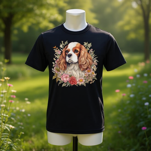 Camiseta Floral de Cavalier King Charles Spaniel, Manga Corta, Cuello Redondo, Unisex, Adulto, Impresión Digital, Promocional - Product Image 2