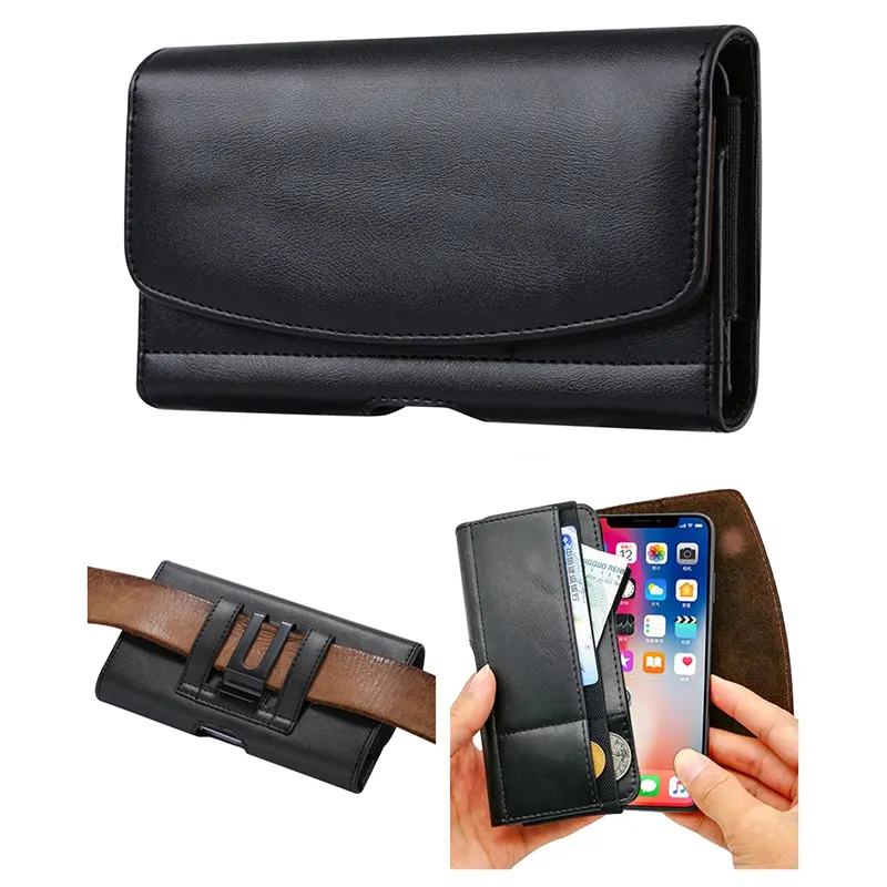 Universal Black Leather Horizontal Belt Clip Holster Cell Phone Carrying Pouch For Samsung S23 S22 S21 For iPhone 14 13 Pro Max